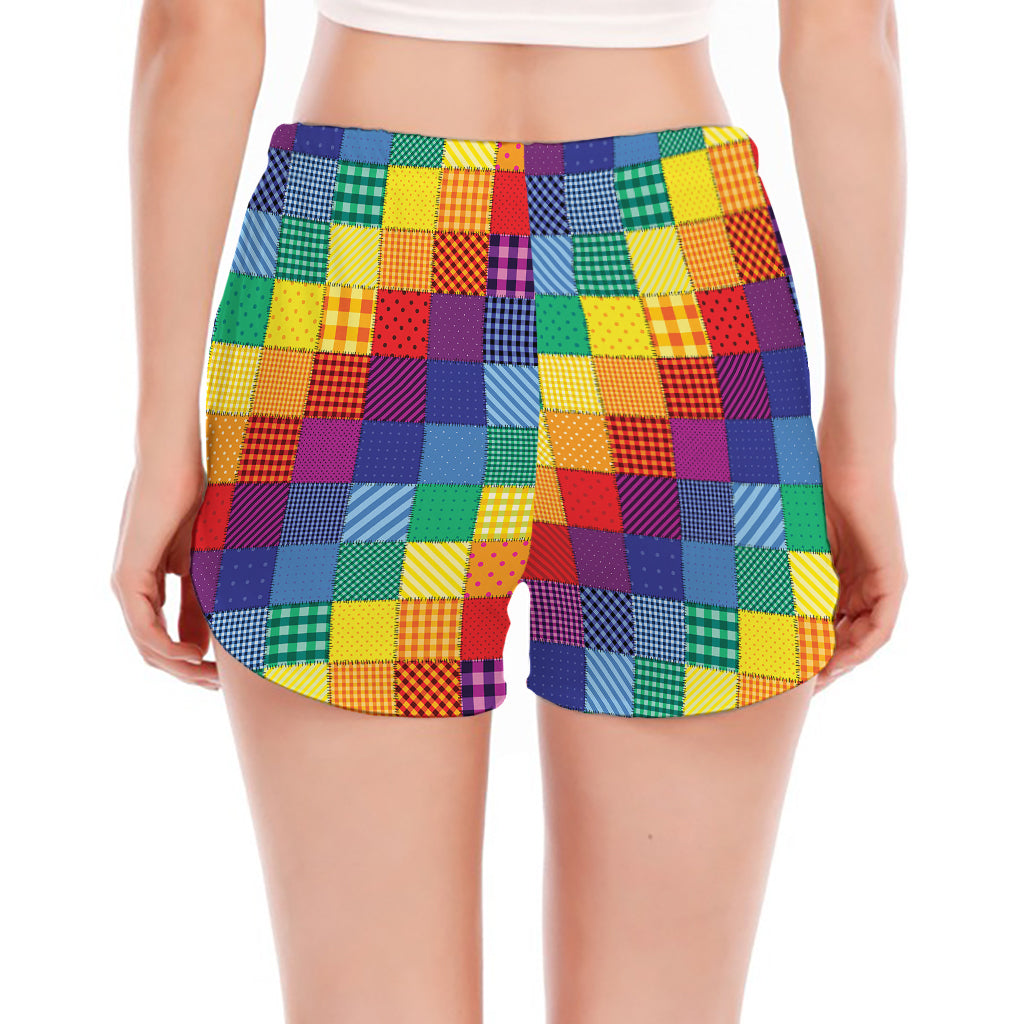 Rainbow Patchwork Pattern Print Women's Split Running Shorts