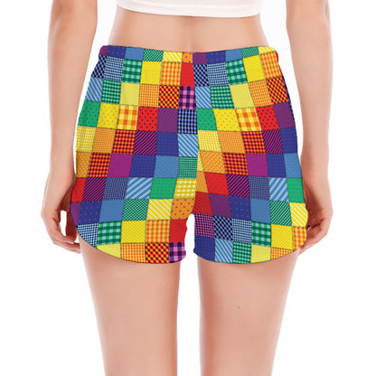 Rainbow Patchwork Pattern Print Women's Split Running Shorts