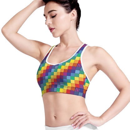 Rainbow Patchwork Pattern Print Women's Sports Bra