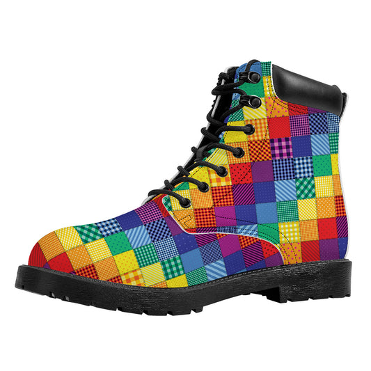 Rainbow Patchwork Pattern Print Work Boots
