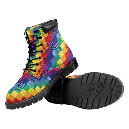 Rainbow Patchwork Pattern Print Work Boots