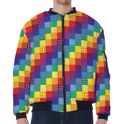 Rainbow Patchwork Pattern Print Zip Sleeve Bomber Jacket