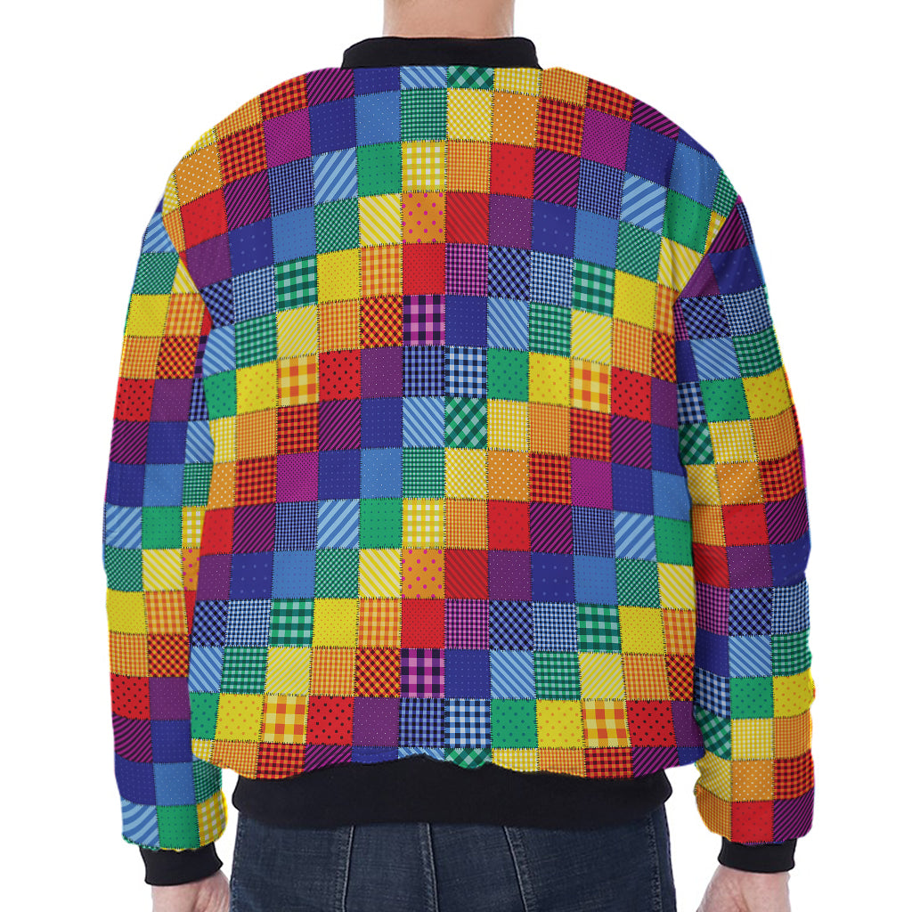Rainbow Patchwork Pattern Print Zip Sleeve Bomber Jacket