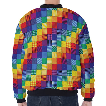 Rainbow Patchwork Pattern Print Zip Sleeve Bomber Jacket