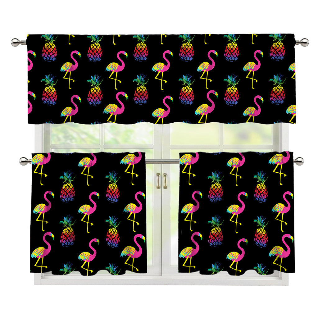 Rainbow Pineapple And Flamingo Print 3 Piece Kitchen Curtains