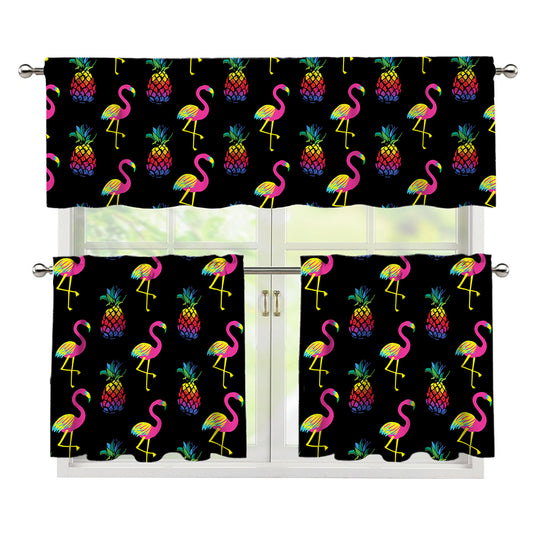 Rainbow Pineapple And Flamingo Print 3 Piece Kitchen Curtains