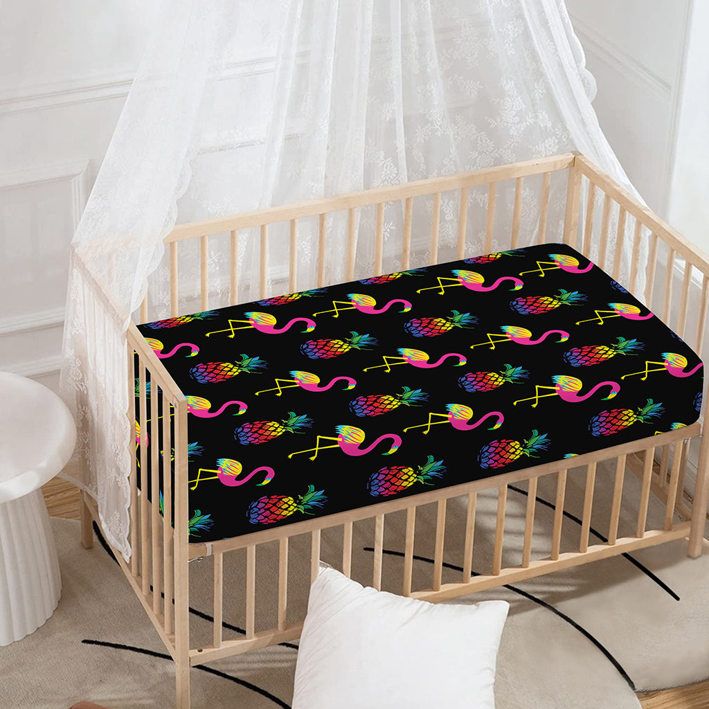 Rainbow Pineapple And Flamingo Print Baby Crib Sheet