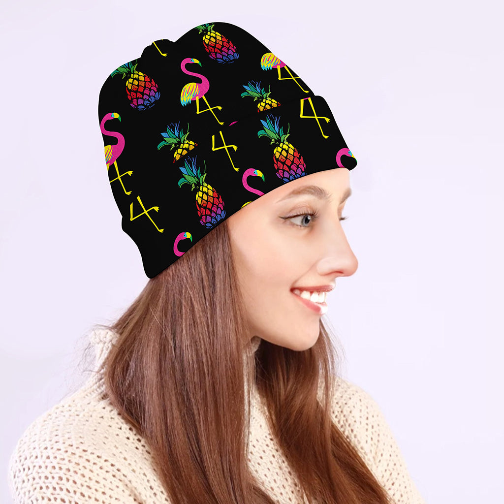 Rainbow Pineapple And Flamingo Print Beanie