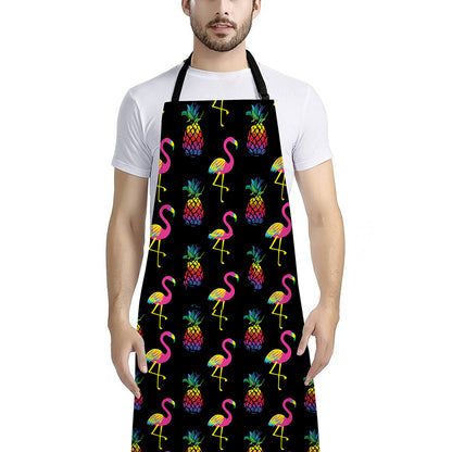 Rainbow Pineapple And Flamingo Print Bib Apron With Pocket