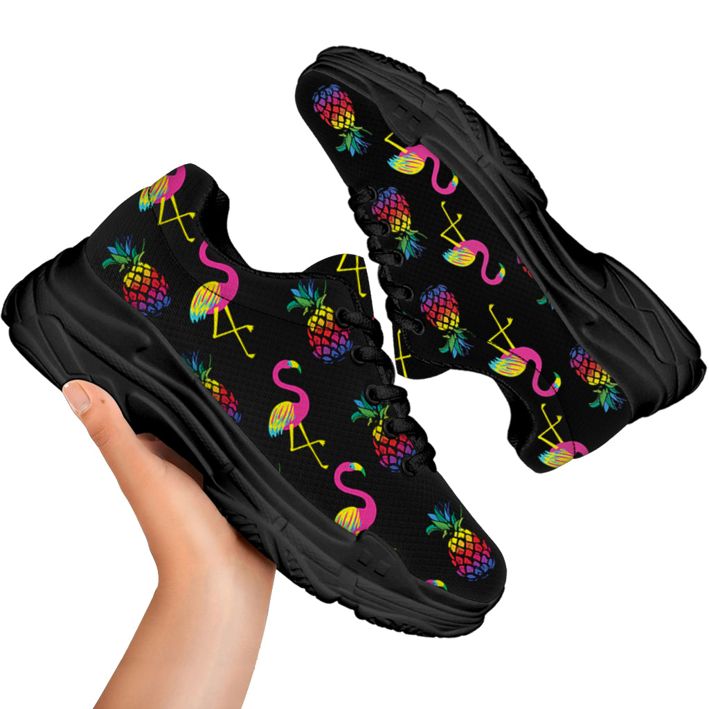 Rainbow Pineapple And Flamingo Print Black Chunky Shoes