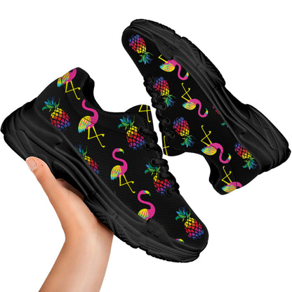 Rainbow Pineapple And Flamingo Print Black Chunky Shoes