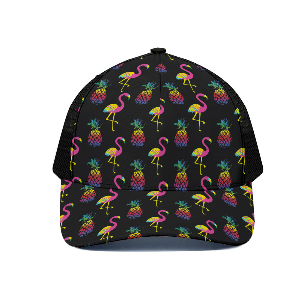 Rainbow Pineapple And Flamingo Print Black Mesh Trucker Cap