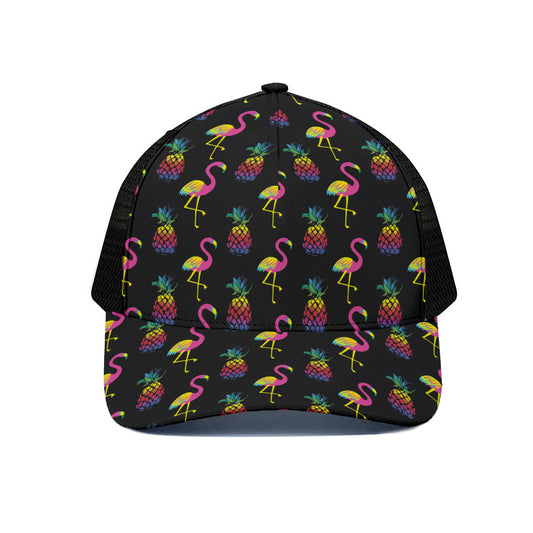 Rainbow Pineapple And Flamingo Print Black Mesh Trucker Cap
