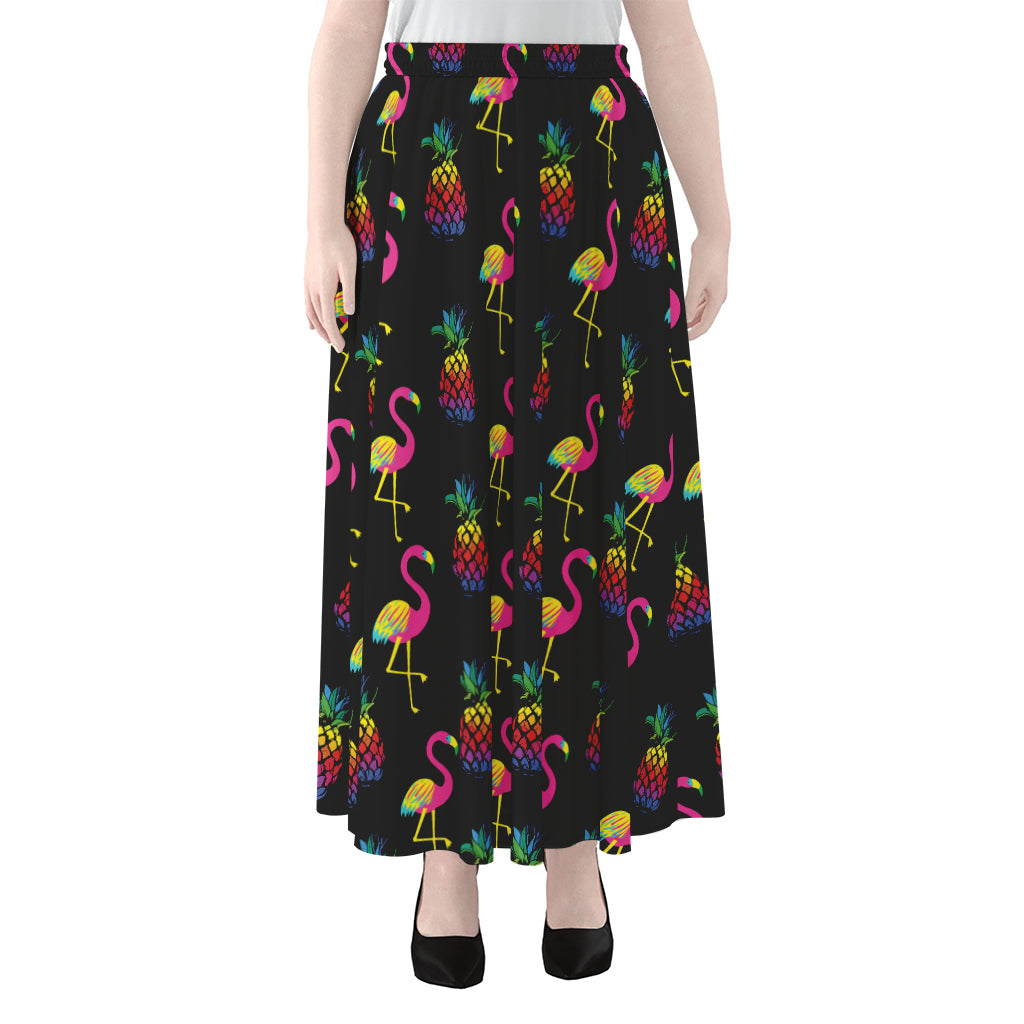 Rainbow Pineapple And Flamingo Print Chiffon Maxi Skirt