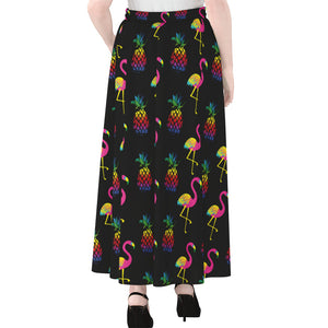 Rainbow Pineapple And Flamingo Print Chiffon Maxi Skirt