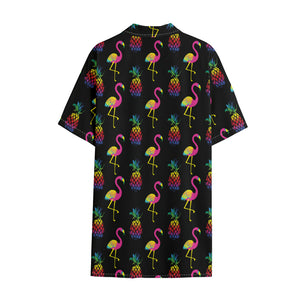 Rainbow Pineapple And Flamingo Print Cotton Hawaiian Shirt