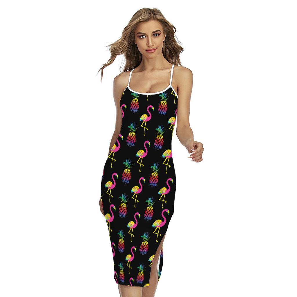 Rainbow Pineapple And Flamingo Print Cross Back Cami Dress