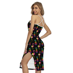 Rainbow Pineapple And Flamingo Print Cross Back Cami Dress