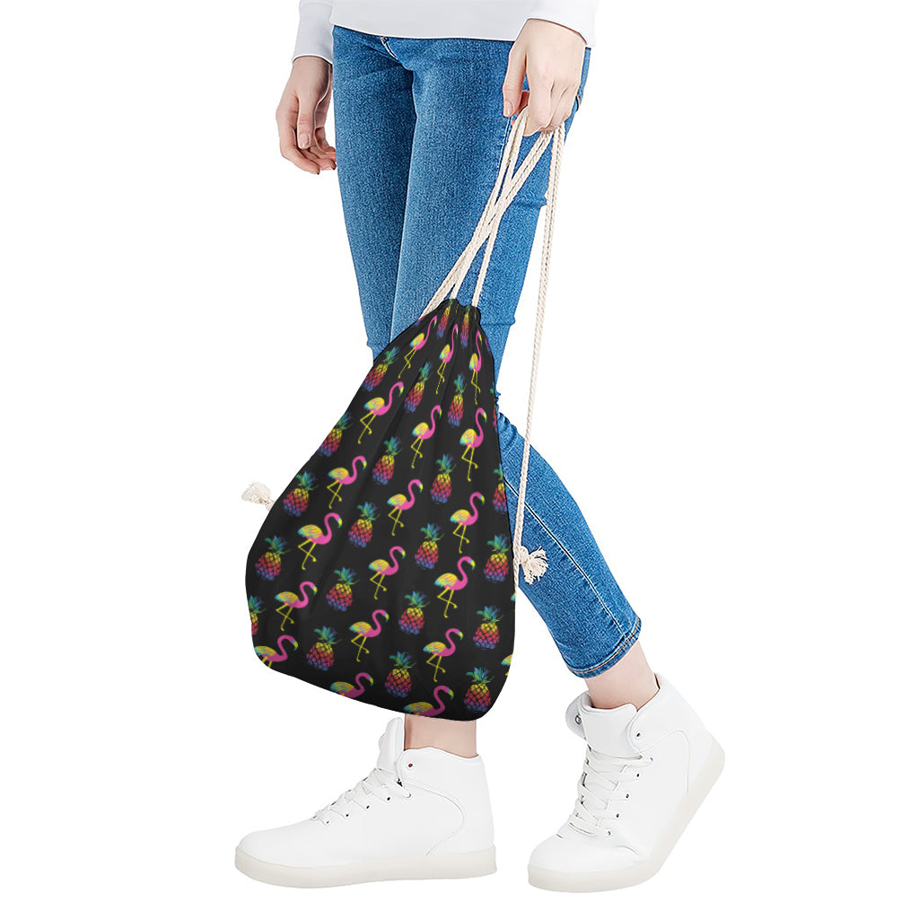 Rainbow Pineapple And Flamingo Print Drawstring Bag