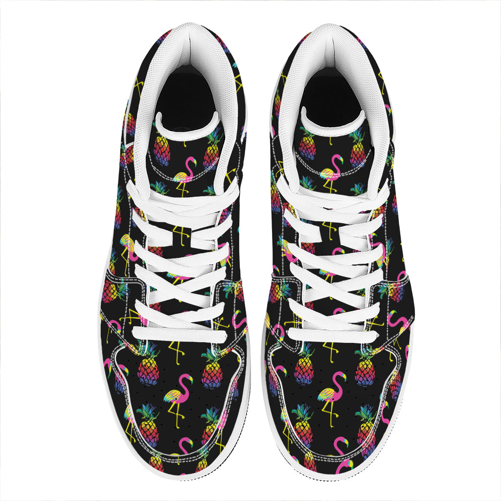 Rainbow Pineapple And Flamingo Print High Top Leather Sneakers