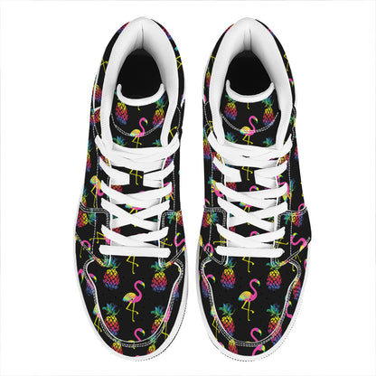 Rainbow Pineapple And Flamingo Print High Top Leather Sneakers