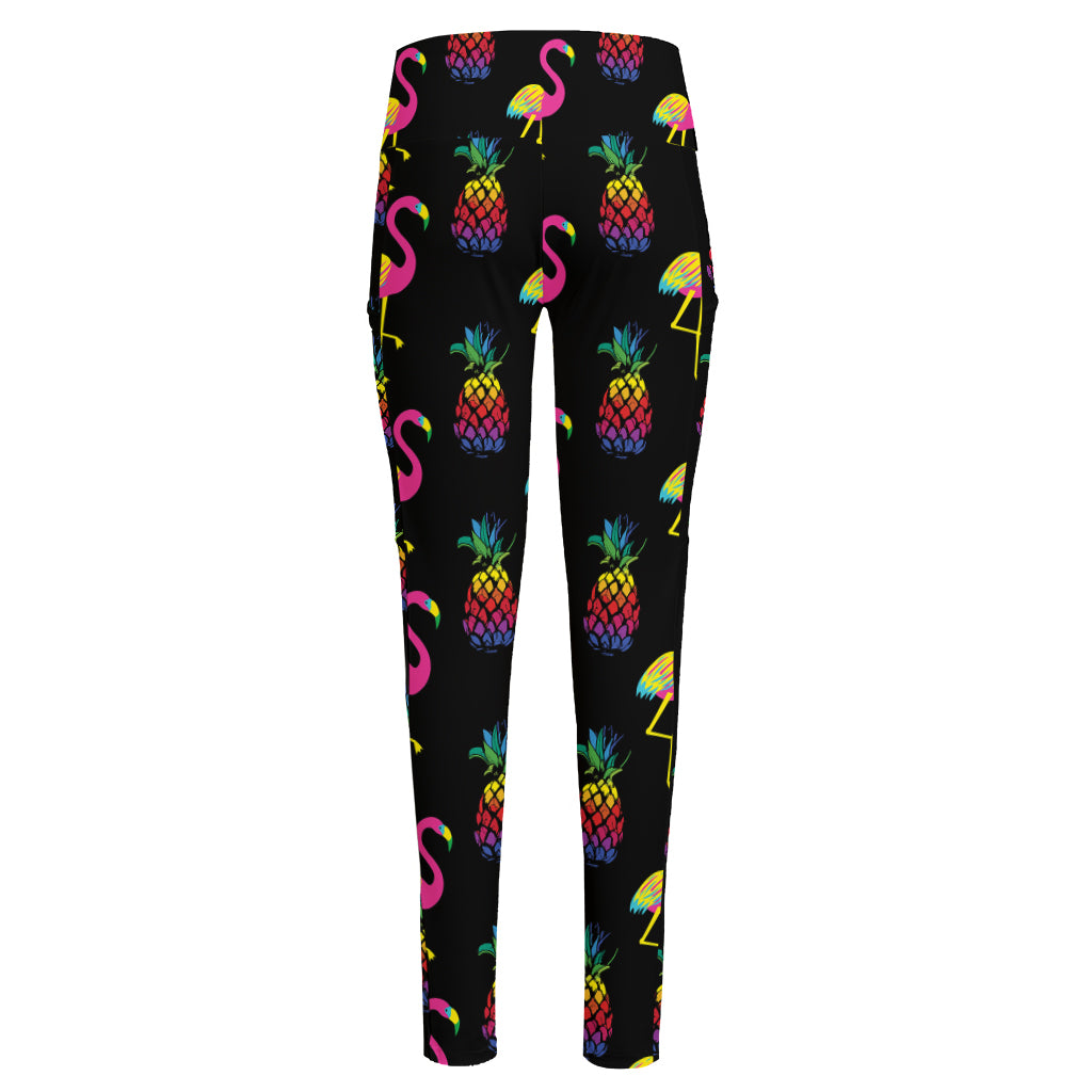 Rainbow Pineapple And Flamingo Print High-Waisted Pocket Leggings