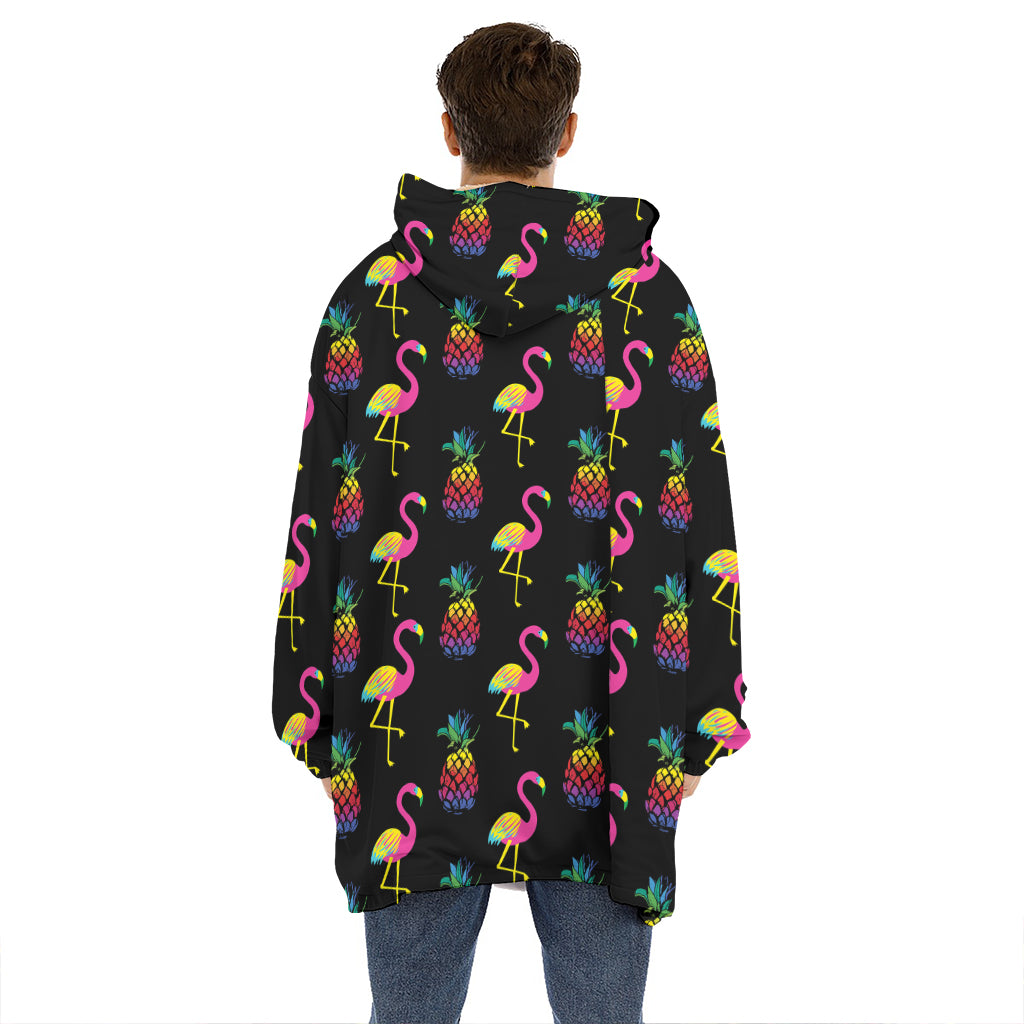 Rainbow Pineapple And Flamingo Print Hoodie Blanket