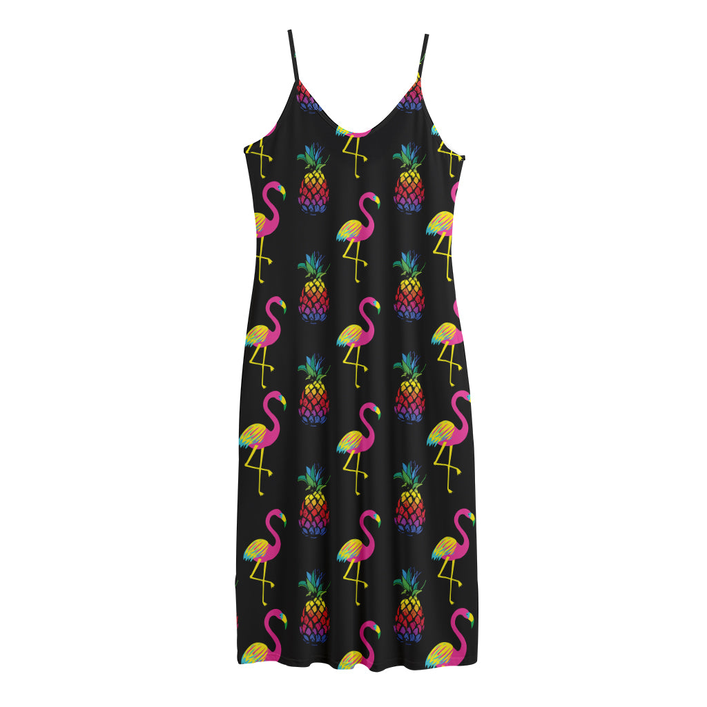 Rainbow Pineapple And Flamingo Print Jersey Midi Cami Dress