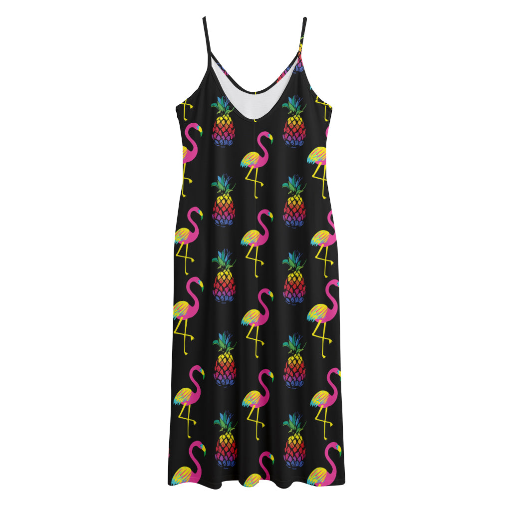 Rainbow Pineapple And Flamingo Print Jersey Midi Cami Dress