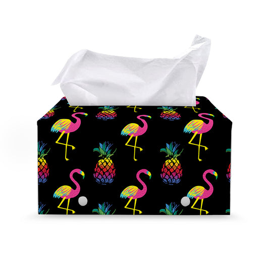 Rainbow Pineapple And Flamingo Print Leather Tissue Box Cover