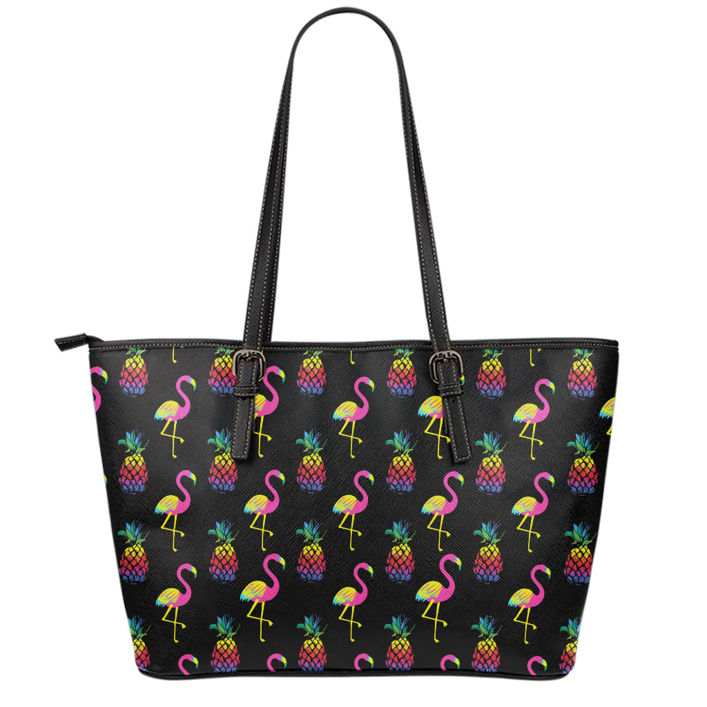 Rainbow Pineapple And Flamingo Print Leather Tote Bag