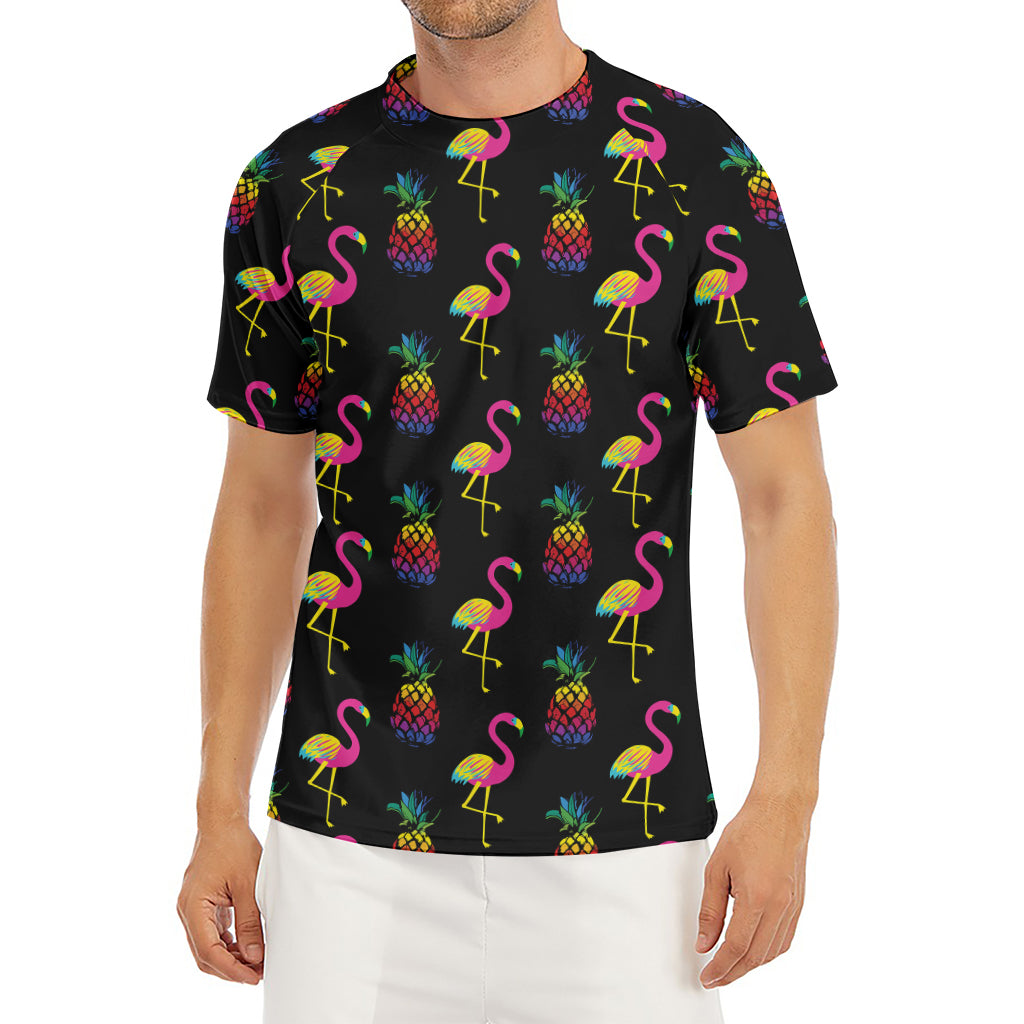 Rainbow Pineapple And Flamingo Print Men's Short Sleeve Rash Guard