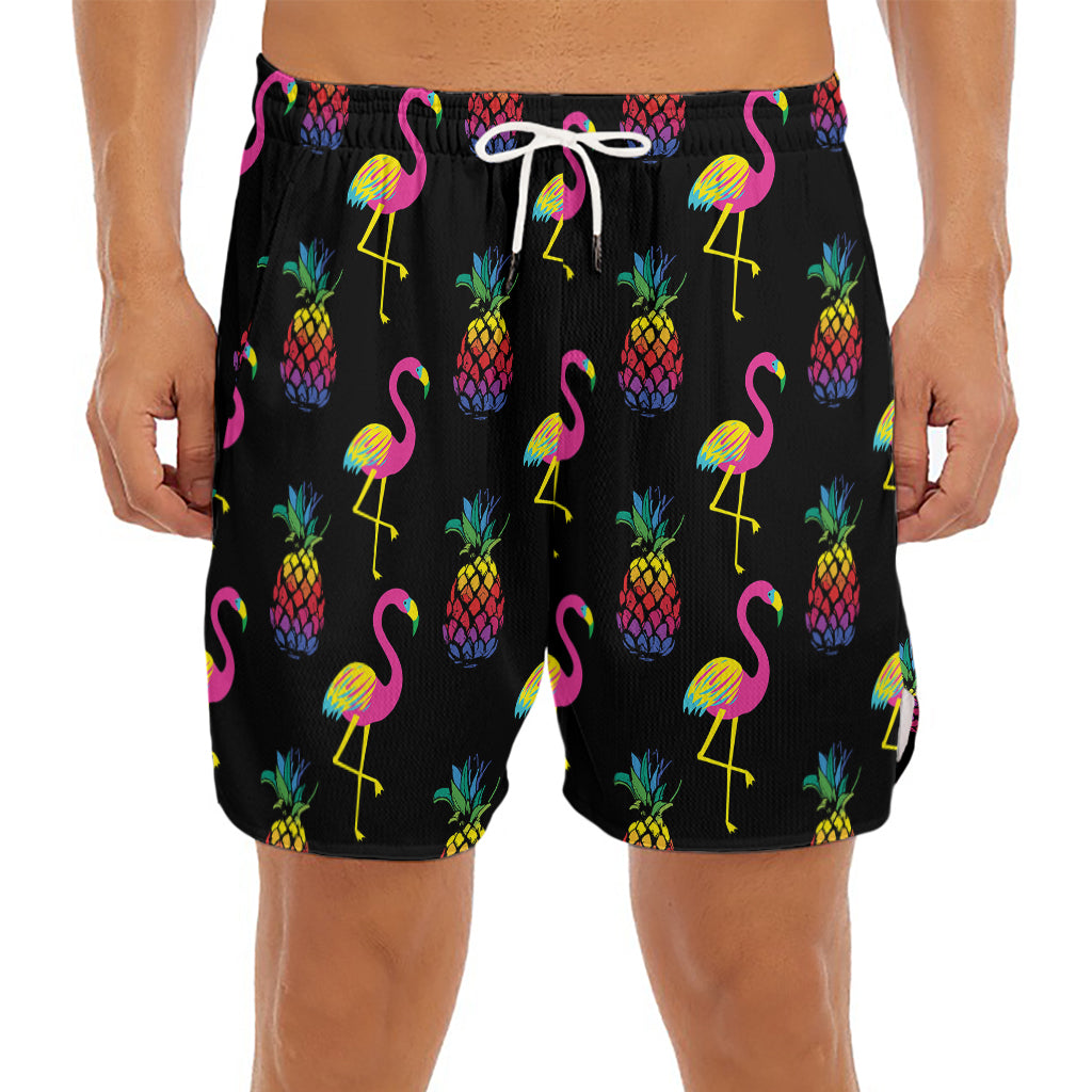 Rainbow Pineapple And Flamingo Print Men's Split Running Shorts