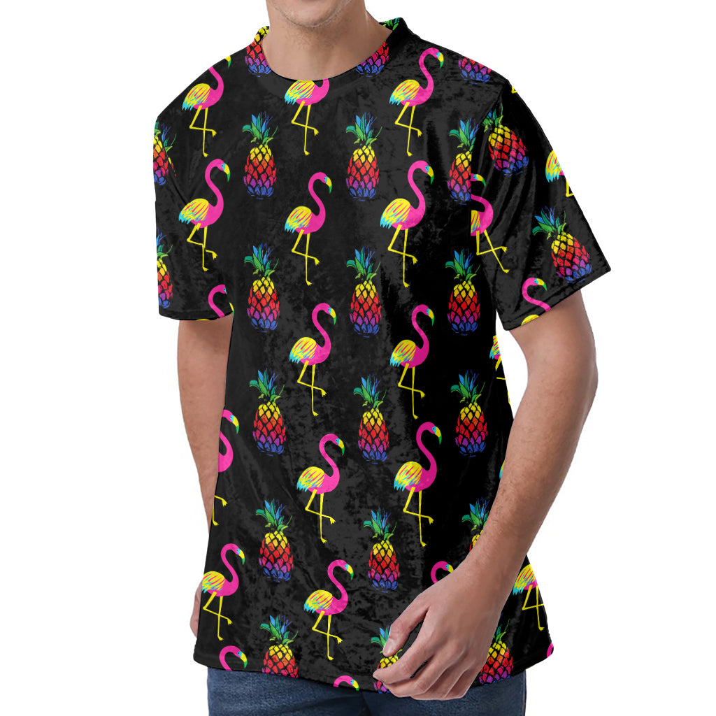 Rainbow Pineapple And Flamingo Print Men's Velvet T-Shirt