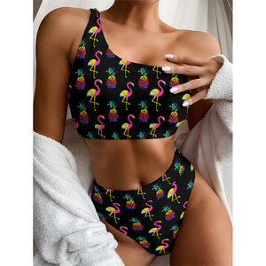 Rainbow Pineapple And Flamingo Print One Shoulder Bikini Top