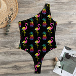 Rainbow Pineapple And Flamingo Print One Shoulder Bodysuit