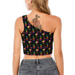 Rainbow Pineapple And Flamingo Print One Shoulder Crop Top