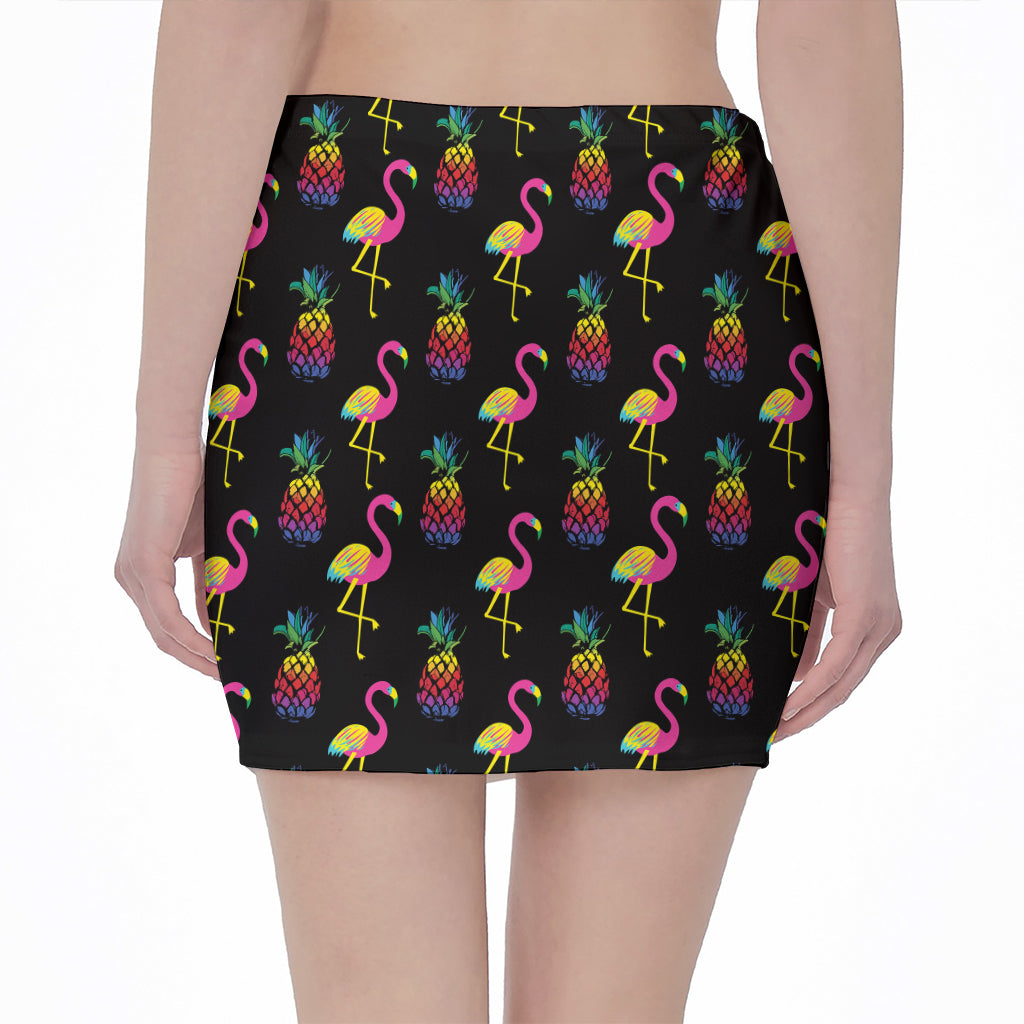 Rainbow Pineapple And Flamingo Print Pencil Mini Skirt