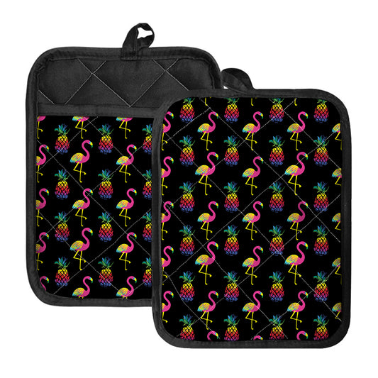 Rainbow Pineapple And Flamingo Print Pot Holders With Pocket