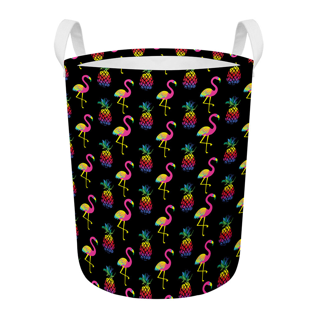 Rainbow Pineapple And Flamingo Print Round Laundry Basket
