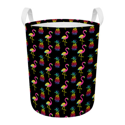 Rainbow Pineapple And Flamingo Print Round Laundry Basket