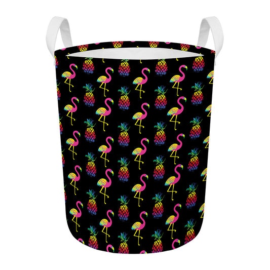 Rainbow Pineapple And Flamingo Print Round Laundry Basket