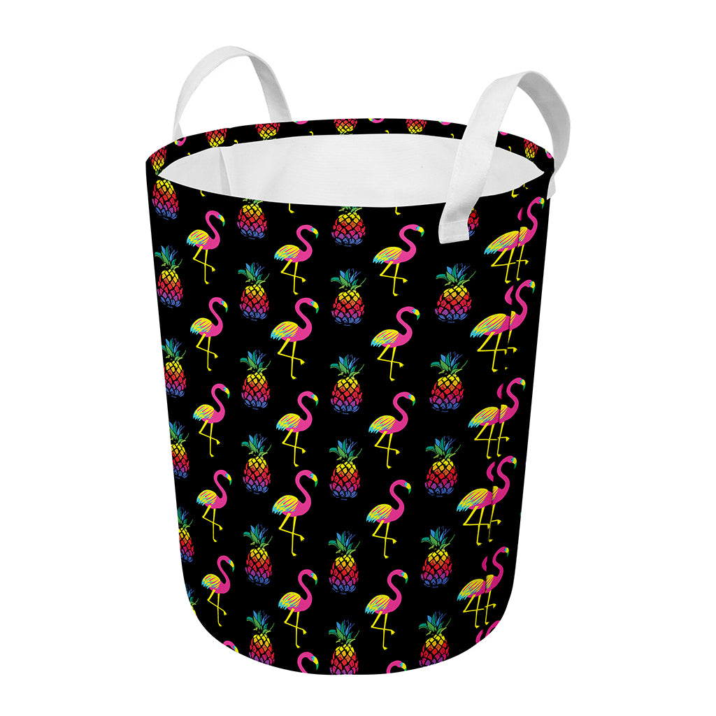 Rainbow Pineapple And Flamingo Print Round Laundry Basket