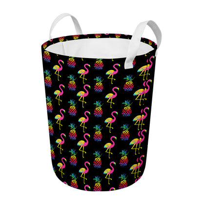Rainbow Pineapple And Flamingo Print Round Laundry Basket
