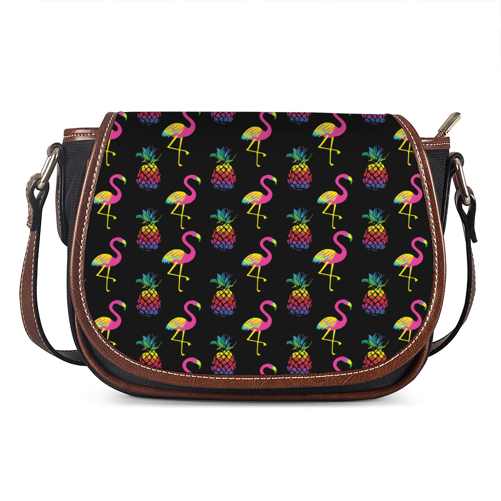 Rainbow Pineapple And Flamingo Print Saddle Bag