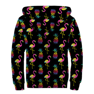 Rainbow Pineapple And Flamingo Print Sherpa Lined Zip Up Hoodie