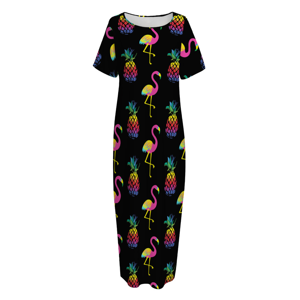 Rainbow Pineapple And Flamingo Print Short Sleeve Long Nightdress