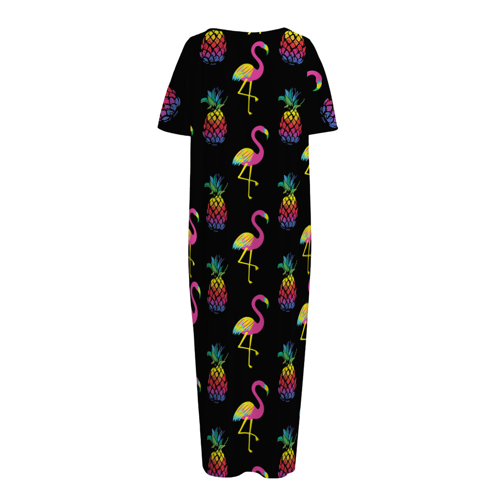 Rainbow Pineapple And Flamingo Print Short Sleeve Long Nightdress