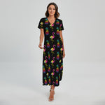 Rainbow Pineapple And Flamingo Print Short Sleeve Maxi Dress