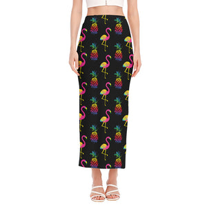 Rainbow Pineapple And Flamingo Print Side Slit Maxi Skirt